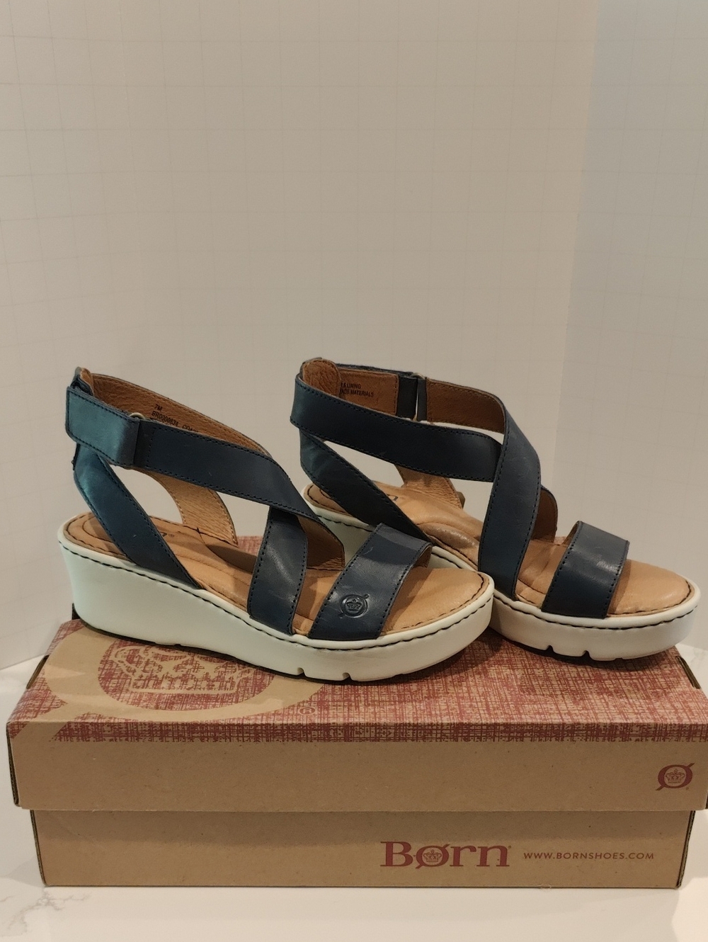 Born Navy Deshka Leather Cross-Strap Wedge Sandals